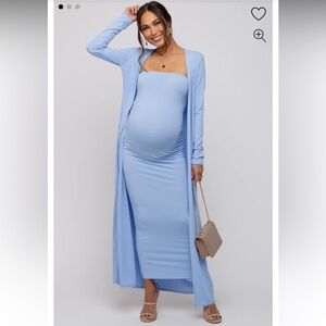 Light Blue Ribbed Sleeveless Dress Cardigan Maternity Set